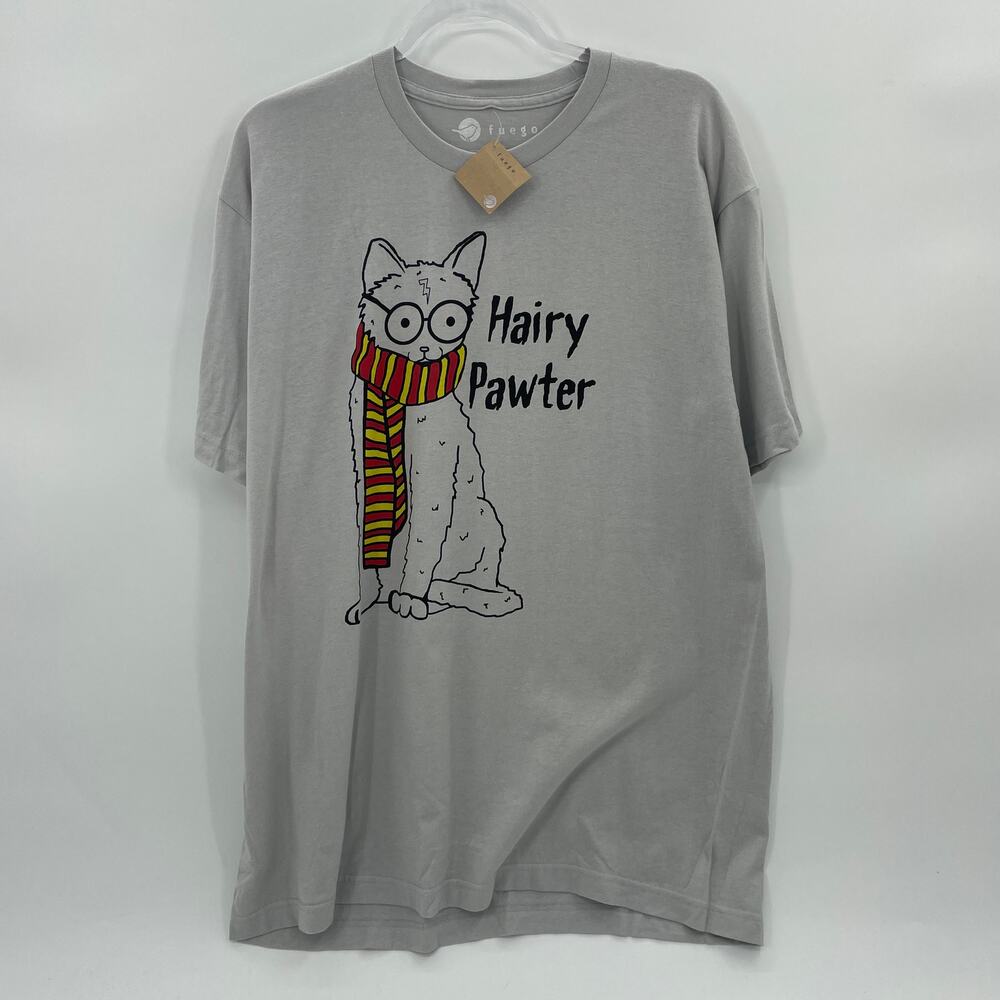 New FUEGO Hairy Pawter T - Shirt Mens Size XL Short Sleeve Cotton Cat Dad Crew
